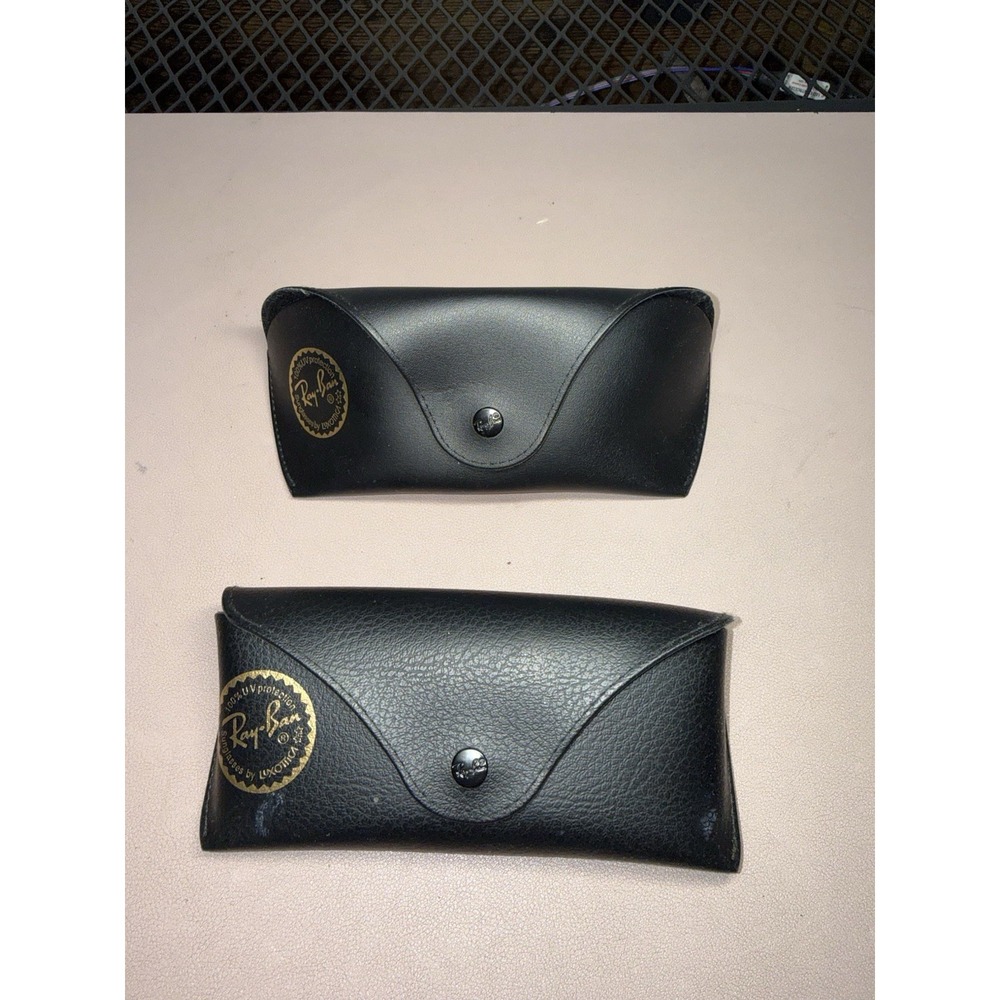 Ray-Ban Sunglasses Hard Case ONLY Lot of 2 Black‎ Leather Snap Button Luxottica
